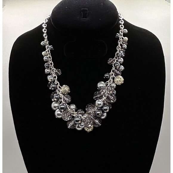 Cha-Cha Necklace Silver-tone Grey Colored Beads Chain Chunky Statement - Picture 1 of 7